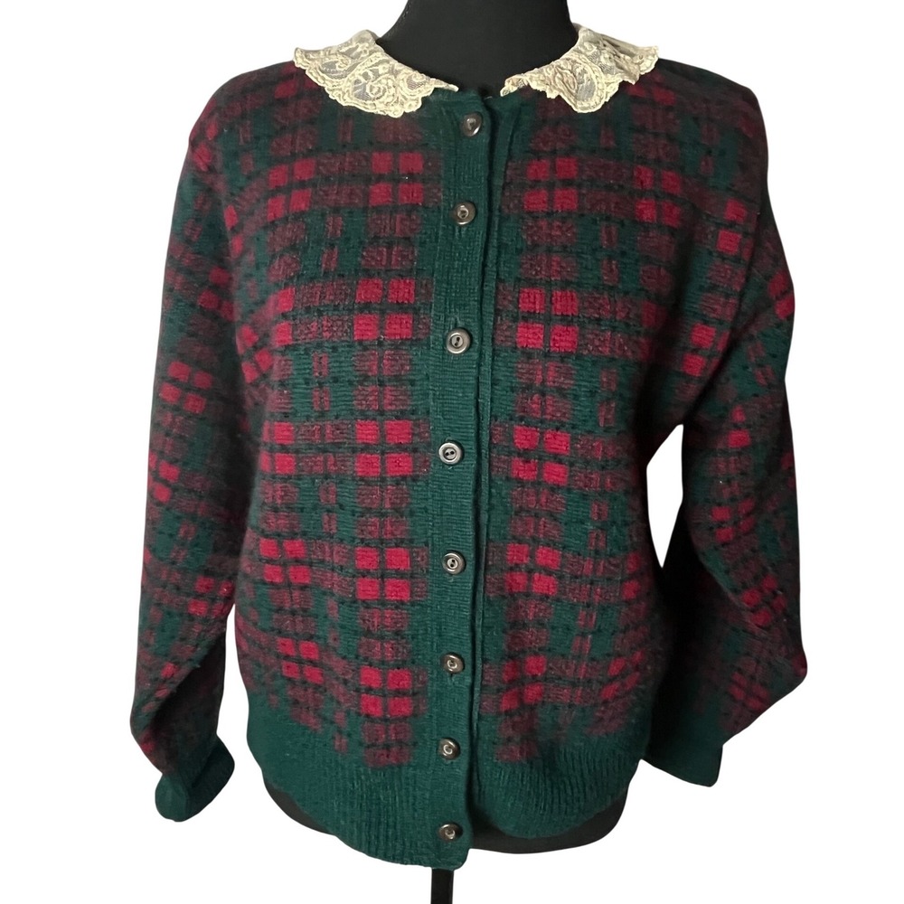 Blarney Woollen Mills Green Red Plaid Lace Collar Wool Cardigan Sweater Womens M